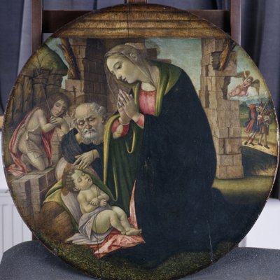 メアリーとヨセフによるイエスの礼拝、c.1380-85（ポプラの木のテンペラ） 作： Sandro Botticelli